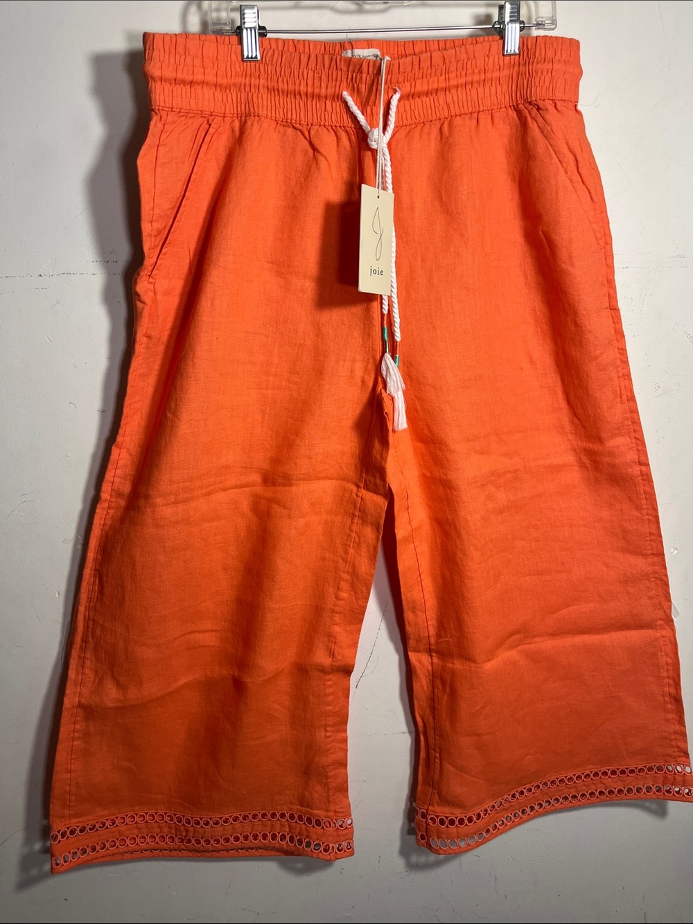 Joie Vibrant Orange Linen Drawstring Crop Pants with Crochet Hem Sz XL NEW